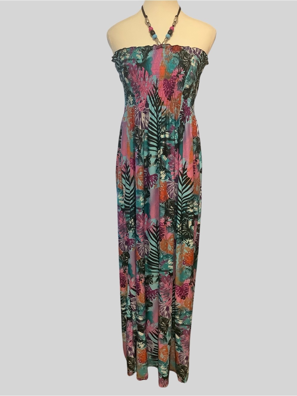 Ninety Strapless Floral Maxi Dress Beaded Tie-Up Neck Size M
